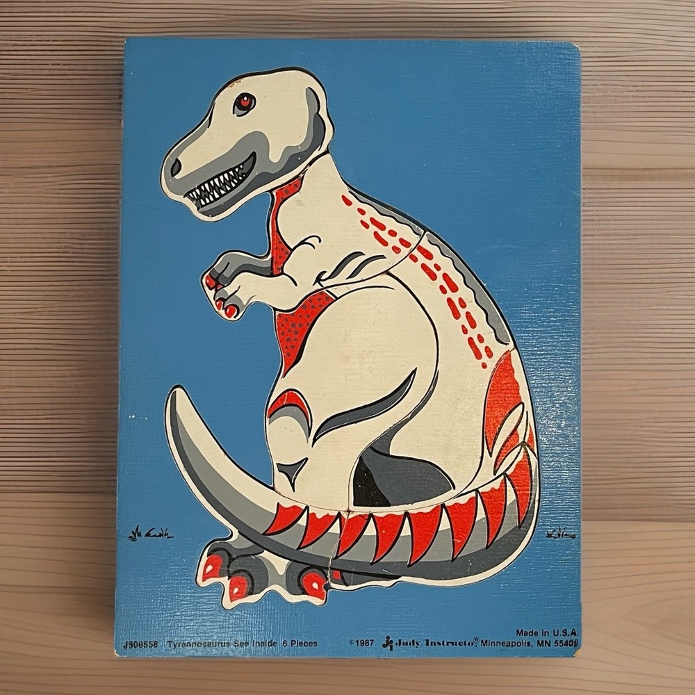 Vintage 1987 Judy Wooden Puzzle DINOSAUR T-Rex #J506558 6 Pc Tyrannosaurus USA